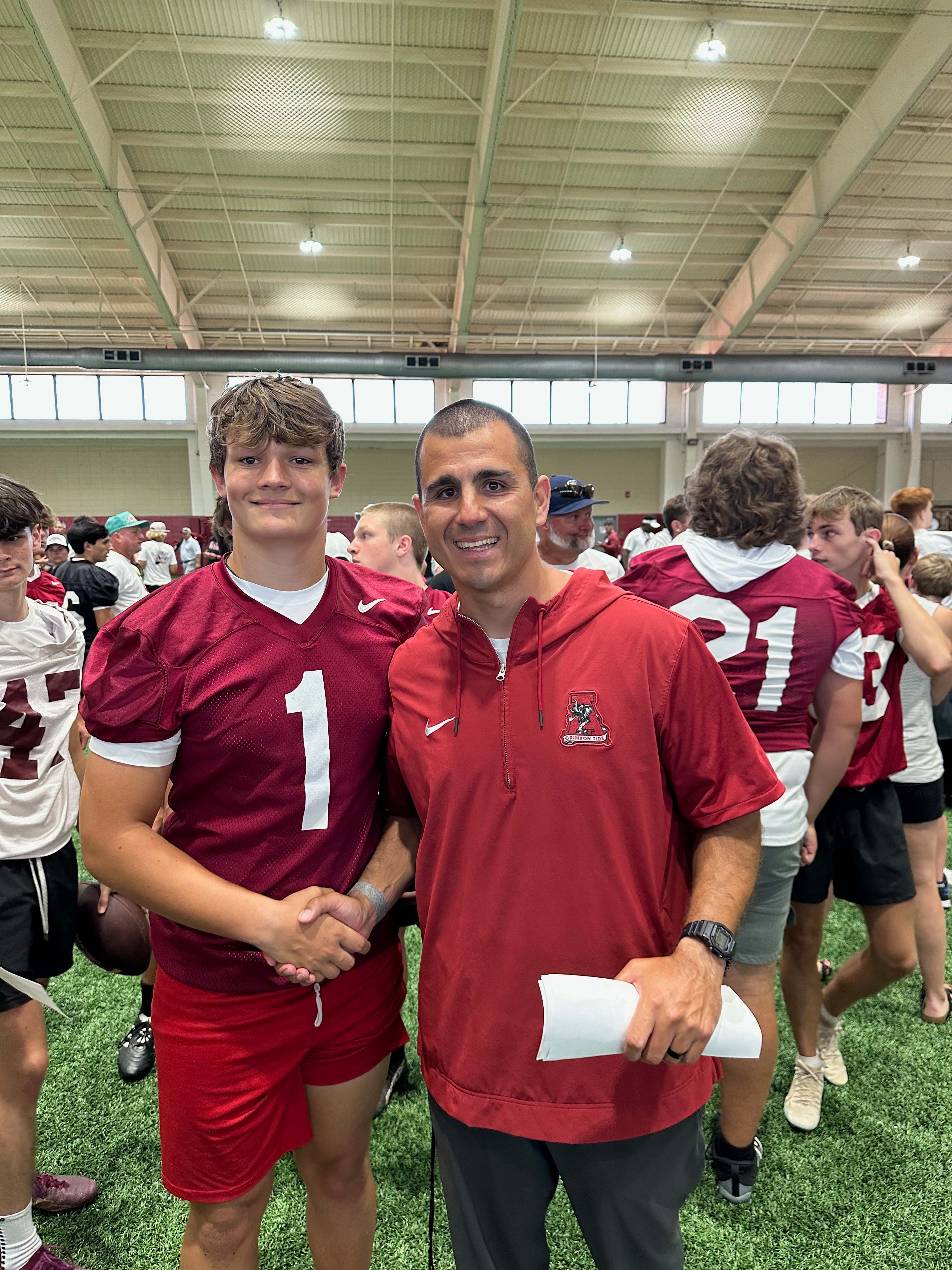 Brayson Albin with Jay Nuñez Special Teams Coordinator at the University of Alabama Specialist Camp, finished Top 5.